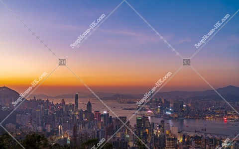 Skyline view of Hong Kong Island and Kowloon Peninsula at dusk, No.1