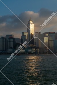 View of high-rise buildings of Hong Kong Island Wan Chai and Victoria Harbour in the evening, No.1