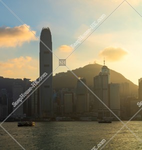 View of high-rise buildings of Sheung Wan to Central and Victoria Harbour in the evening, No.3