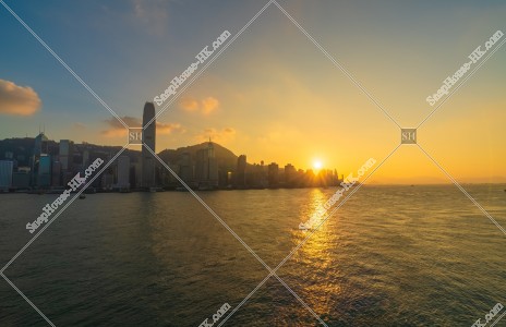 the setting sun and high-rise buildings at Hong Kong Island, No.4