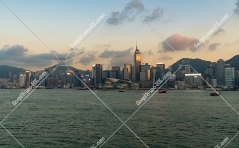 View of high-rise buildings at Hong Kong Island at sunset time, No.8