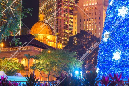 Night view of Court of Final Appeal Building and Christmas tree at Central