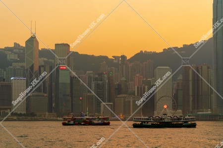 View of the high-rise buildings of Central and Star Ferry at sunset time, No.2