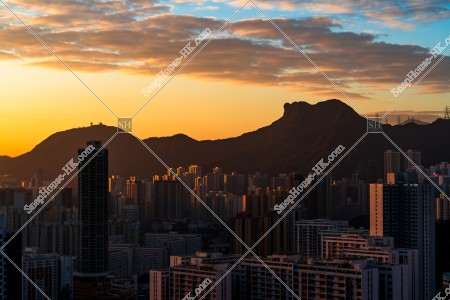 Lion Rock Hill with buildings at Kowloon in sunset time, No.1
