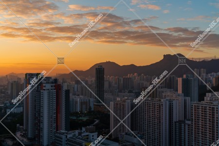 Lion Rock Hill with buildings at Kowloon in sunset time, No.3
