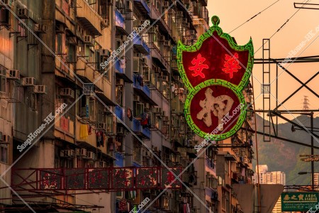 Street view of Kowloon City with signboards at sunset time, No.3
