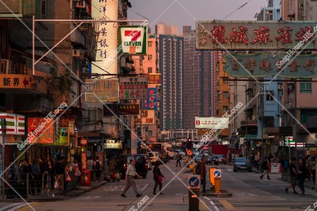 Street view of Kowloon City with signboards at sunset time, No.4