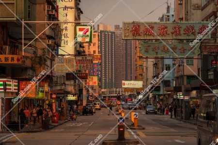 Street view of Kowloon City with signboards at sunset time, No.7