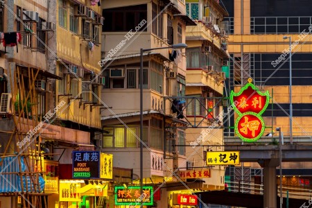 Street view of Kowloon City with signboards at sunset time, No.11