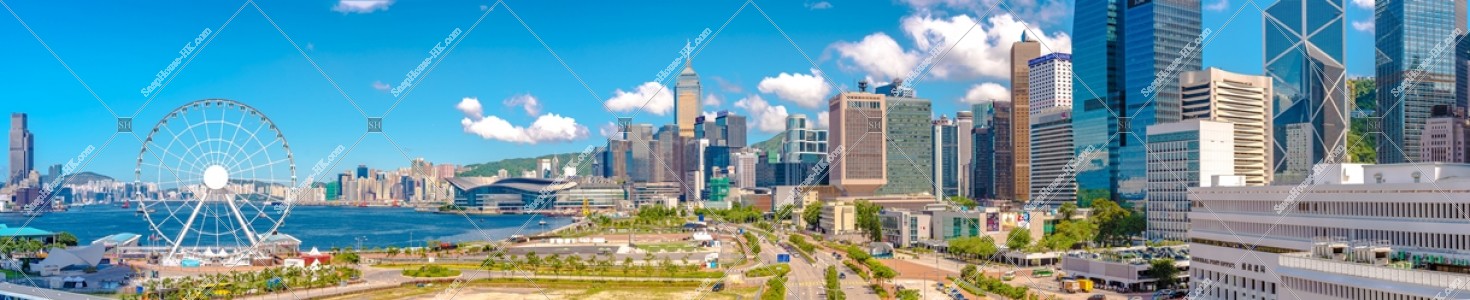 香港摩天輪和灣仔和中環的高樓大廈群的全景